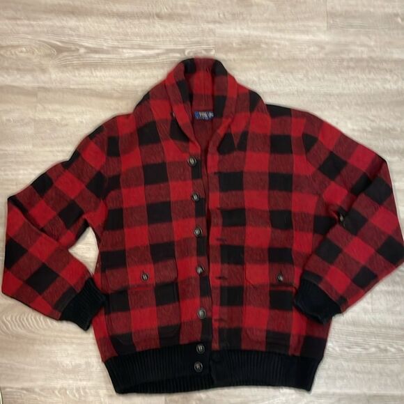 POLO RALPH LAUREN Men's Iconic Red Black Plaid Cardigan Blue label - Picture 3 of 9